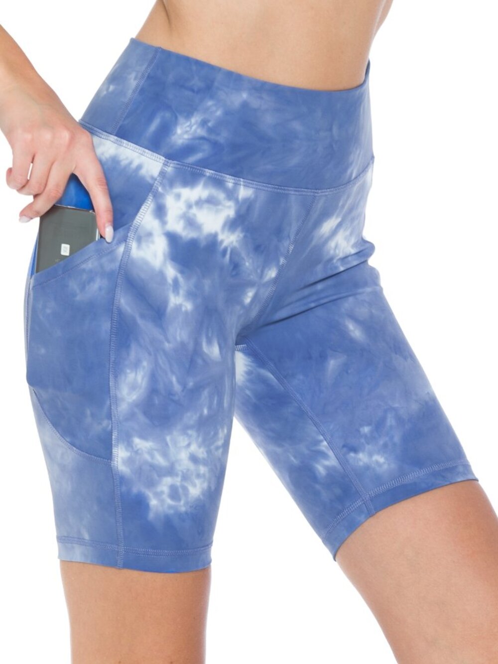 Womens Premium Tie Dye High Waist 8" Inseam Bike Shorts w/Pockets S - XL Blue/WH